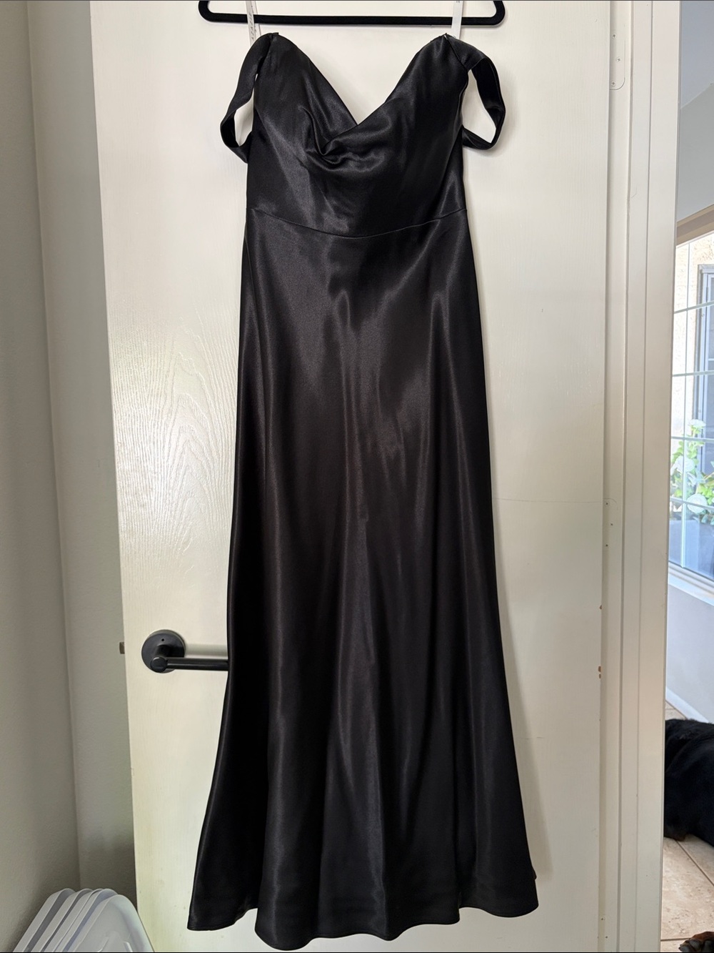 Azazie Black Satin Maxi Dress with Cowl Neck and Off-Shoulder Straps